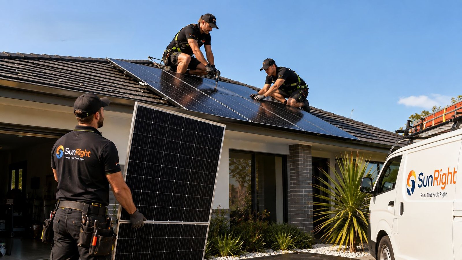 SunRight Solar installers fitting solar panels on the roof of an Australian home, with a SunRight Solar van in the driveway
