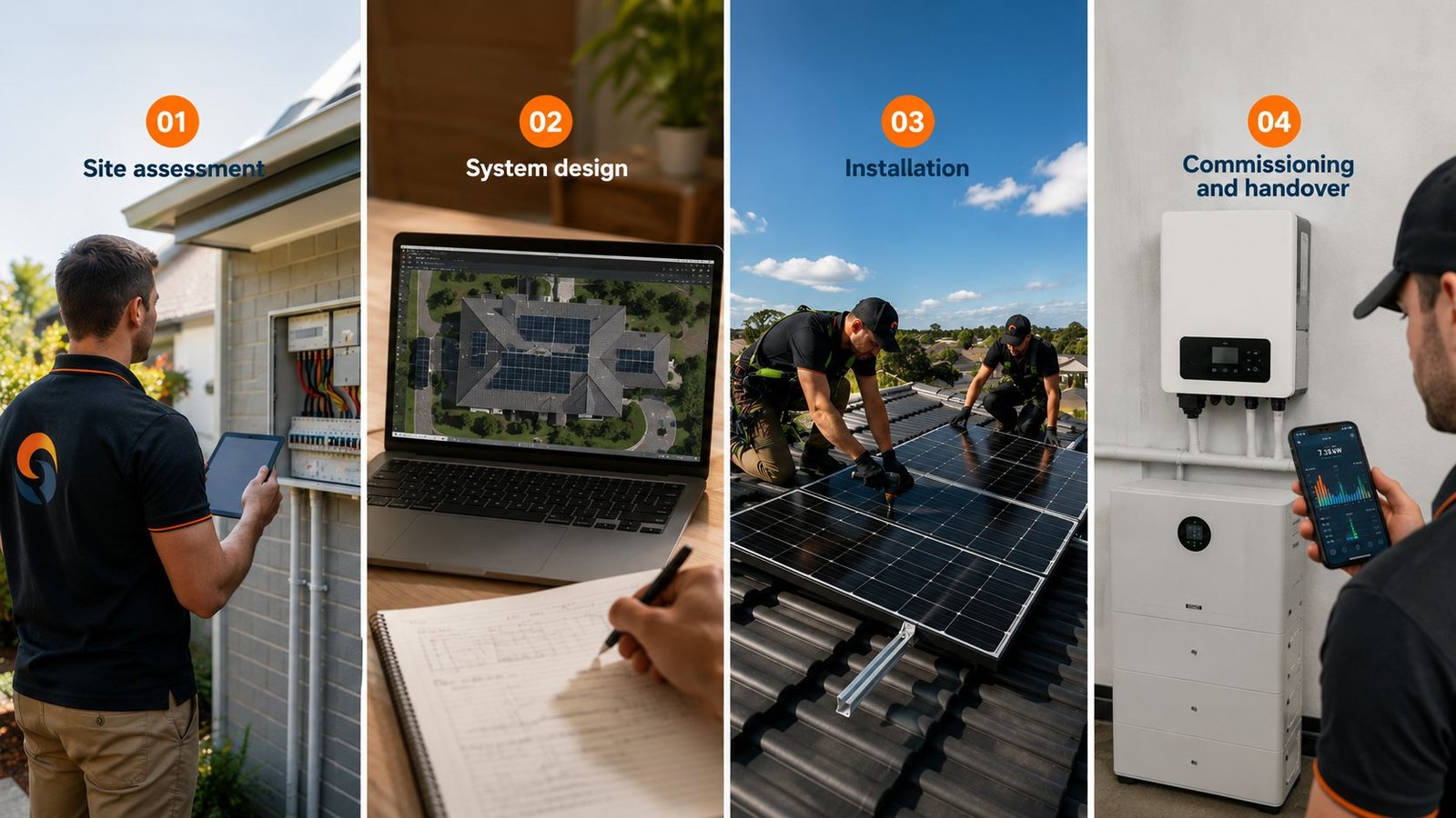The four stages of a SunRight Solar installation: site assessment, system design, installation, and commissioning and handover
