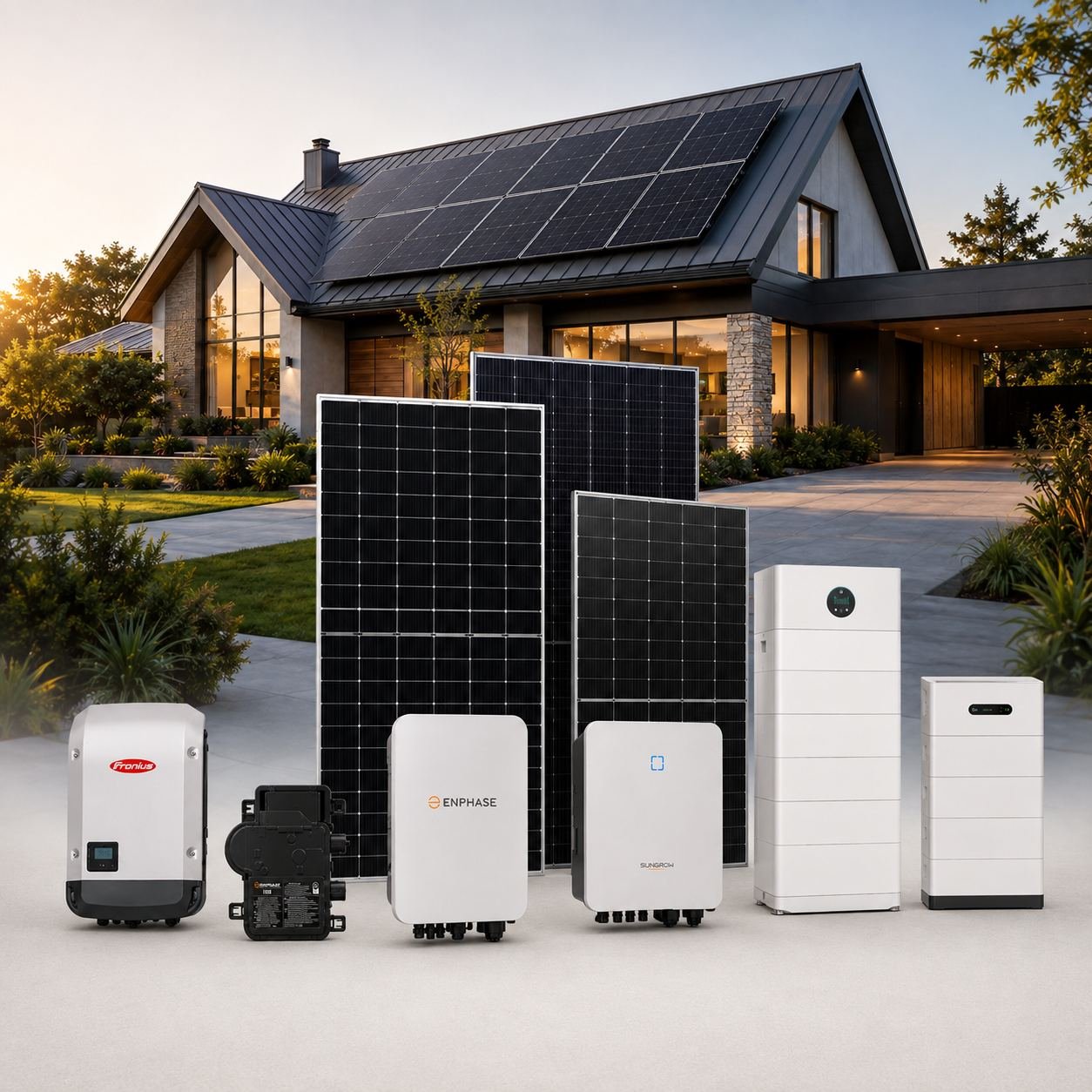 Solar panels, inverters and home batteries of the kind SunRight Solar installs, arranged in front of a solar-powered home