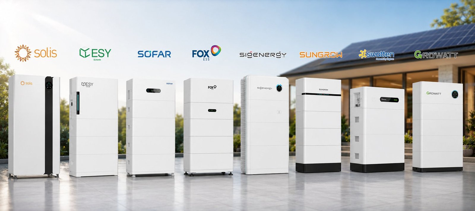 A line-up of eight home battery units from different brands outside a solar-powered home