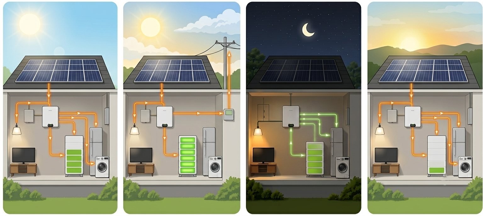 Four-stage diagram of a home battery daily cycle: charging from solar in the morning, full by afternoon, powering the home overnight, and recharging the next morning