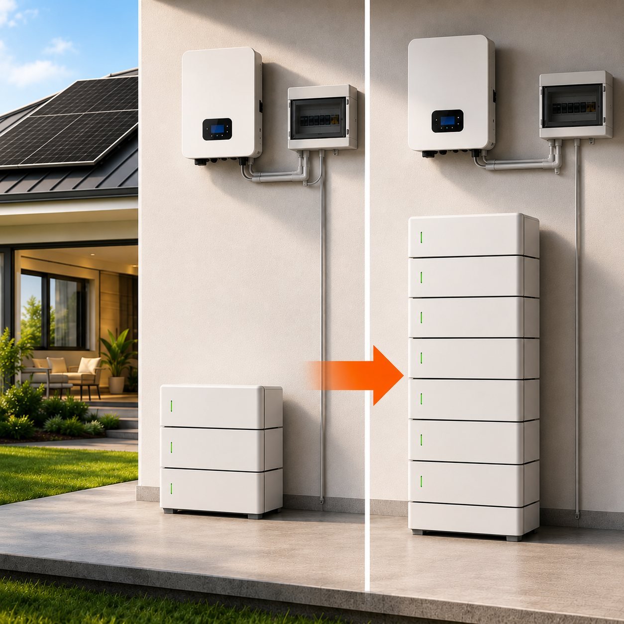 A small home battery stack beside the same system expanded into a taller stack of added modules