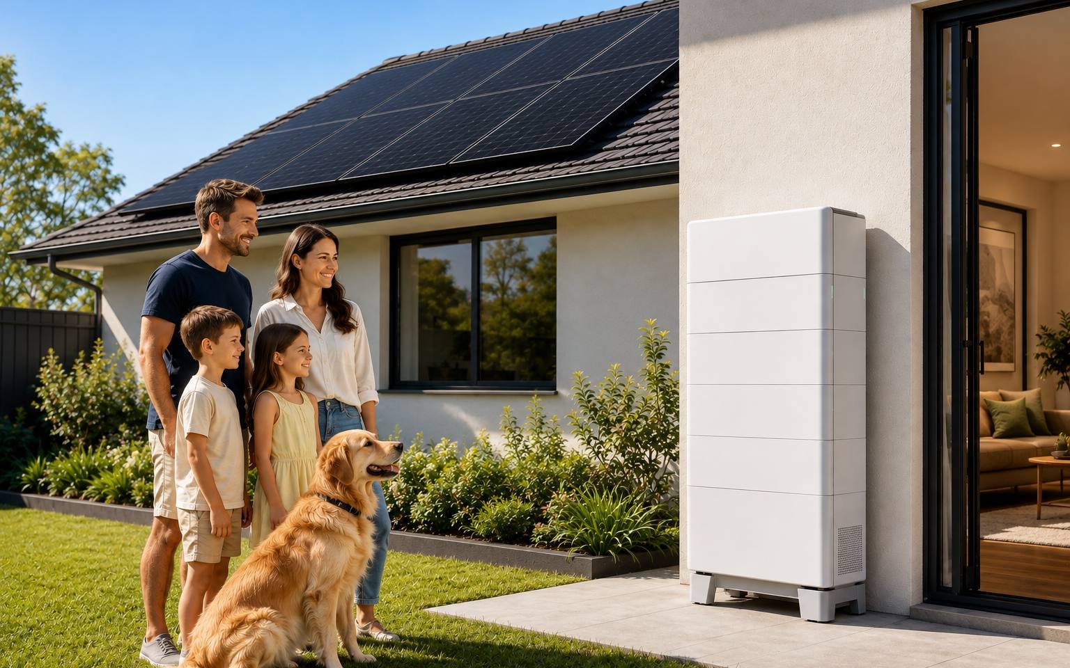A family and their dog beside a home battery installed on the outside wall of their solar-powered home