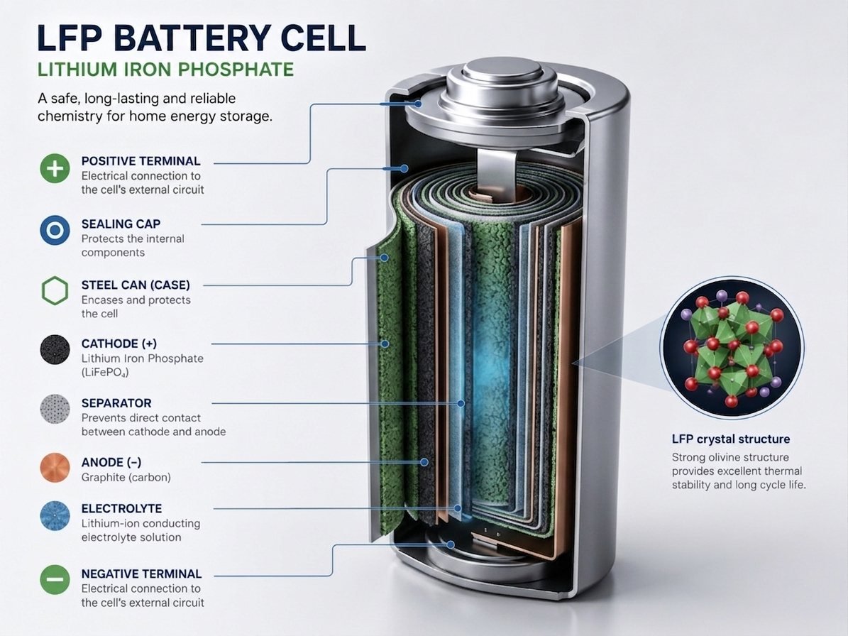 Labelled cutaway of an LFP (lithium iron phosphate) battery cell showing its terminals, cathode, separator, anode and electrolyte