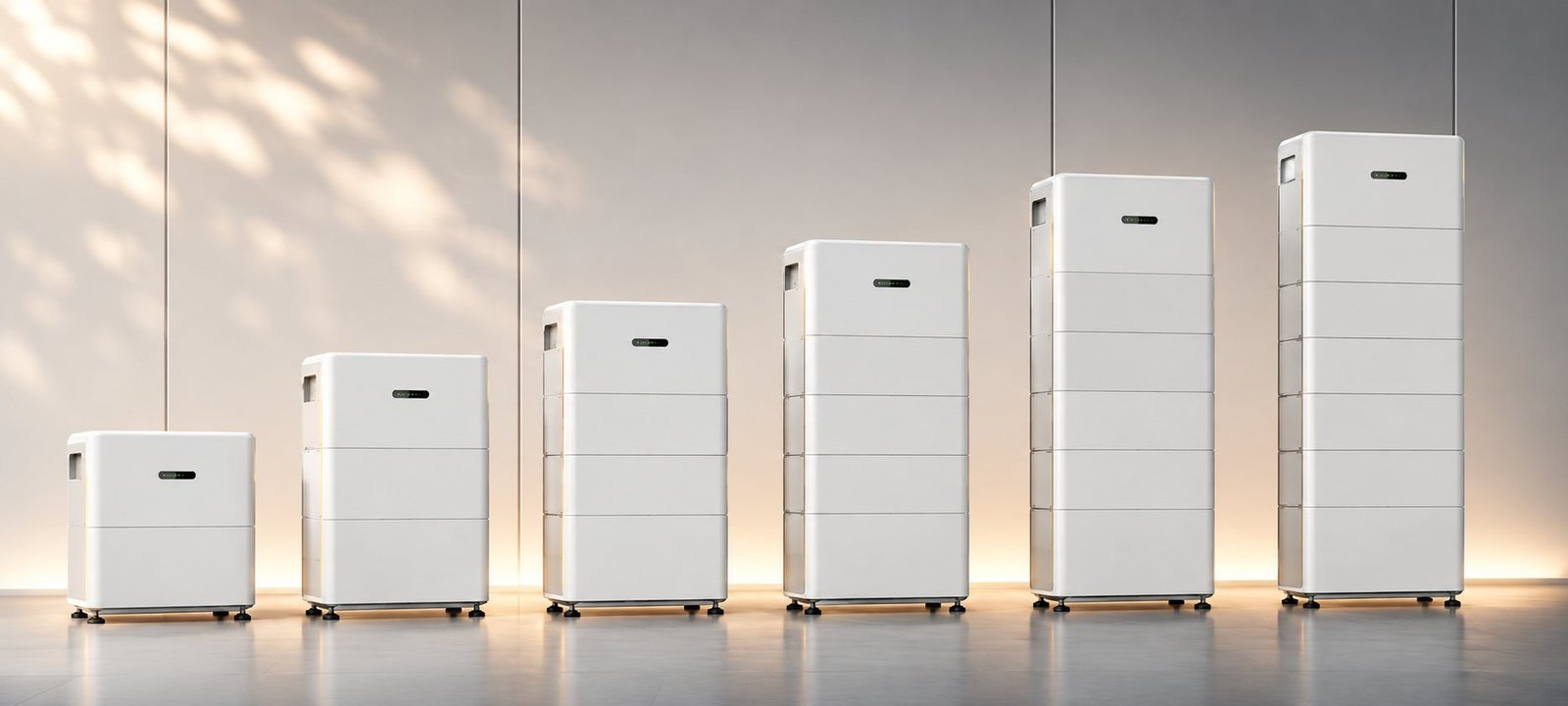 Six home battery stacks of increasing size, showing the relative scale of 5kWh to 42kWh systems