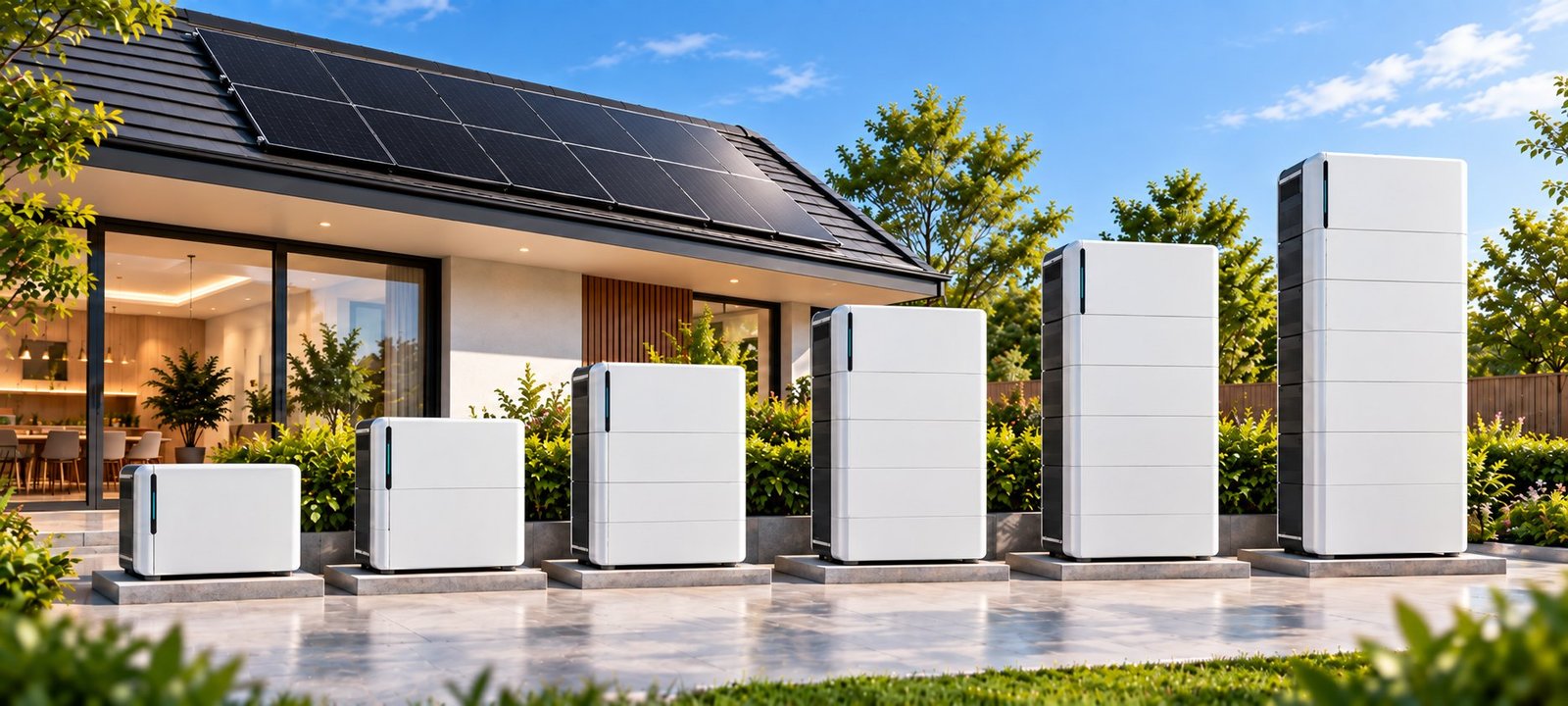 Six home battery stacks of increasing size, from 5kWh to 42kWh, outside an Australian home