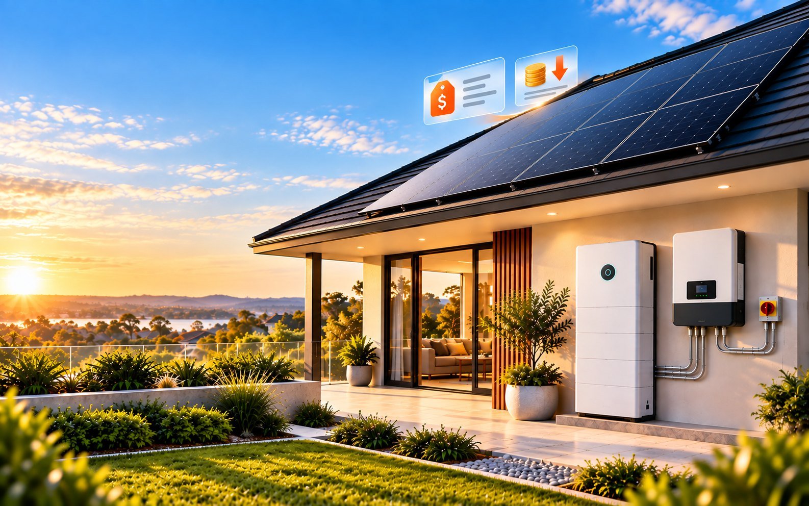 A home battery and inverter on the wall of an Australian home with rooftop solar at sunset