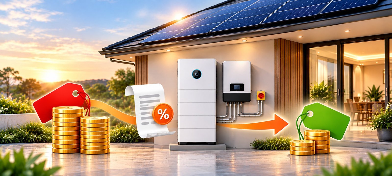 Illustration of a home battery price falling after the federal point-of-sale discount is applied