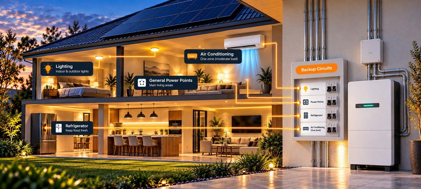 Cutaway of a home showing the circuits a 10kWh battery can back up: lighting, power points, the refrigerator and one air conditioning zone
