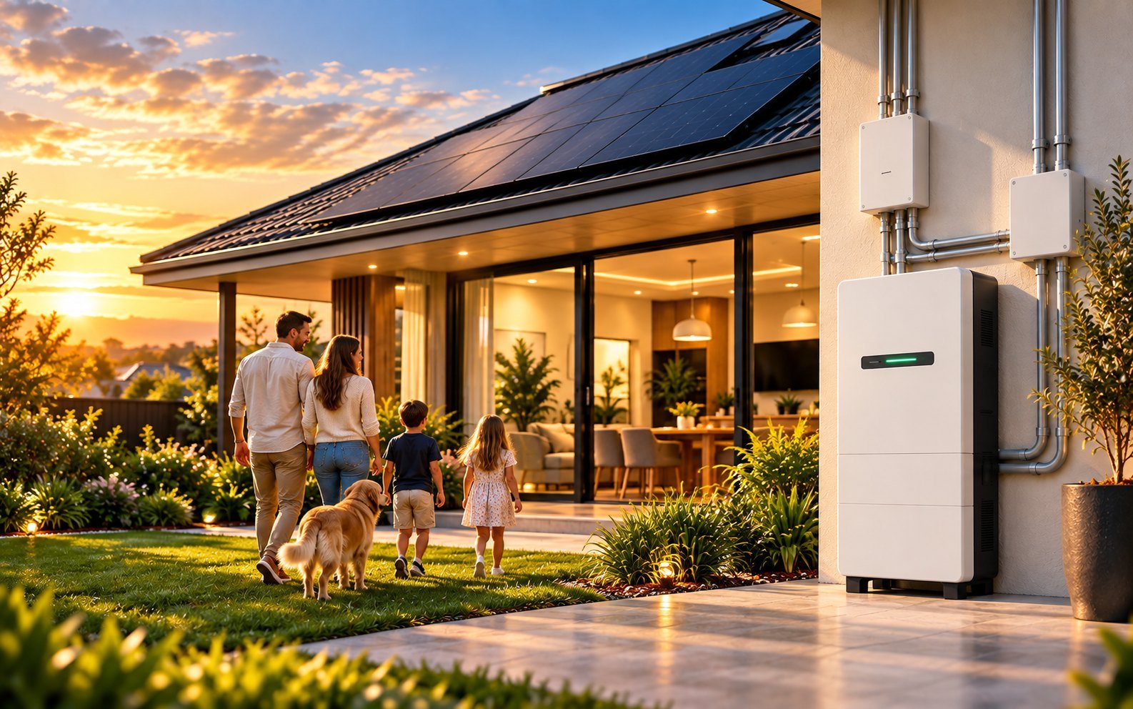 A family with their dog walking towards their solar-powered Australian home at sunset, with a 10kWh battery mounted on the outside wall