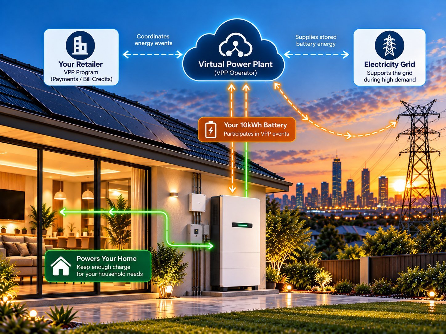 Diagram of a 10kWh home battery in a virtual power plant, supplying the grid at peak times in return for bill credits