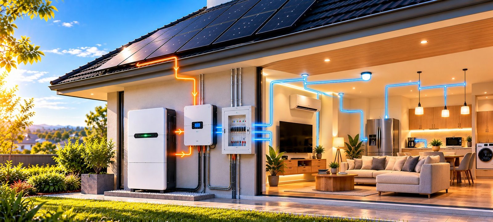 A 14kWh battery and hybrid inverter feeding backed-up circuits to the lights, air conditioner, refrigerator and kitchen