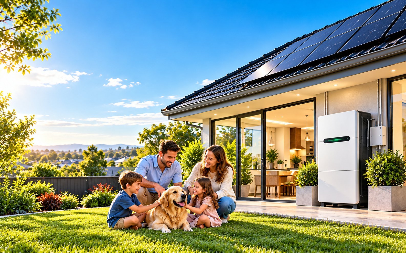 A family with their dog on the lawn of their solar-powered Australian home, with a 14kWh battery mounted beside the back doors