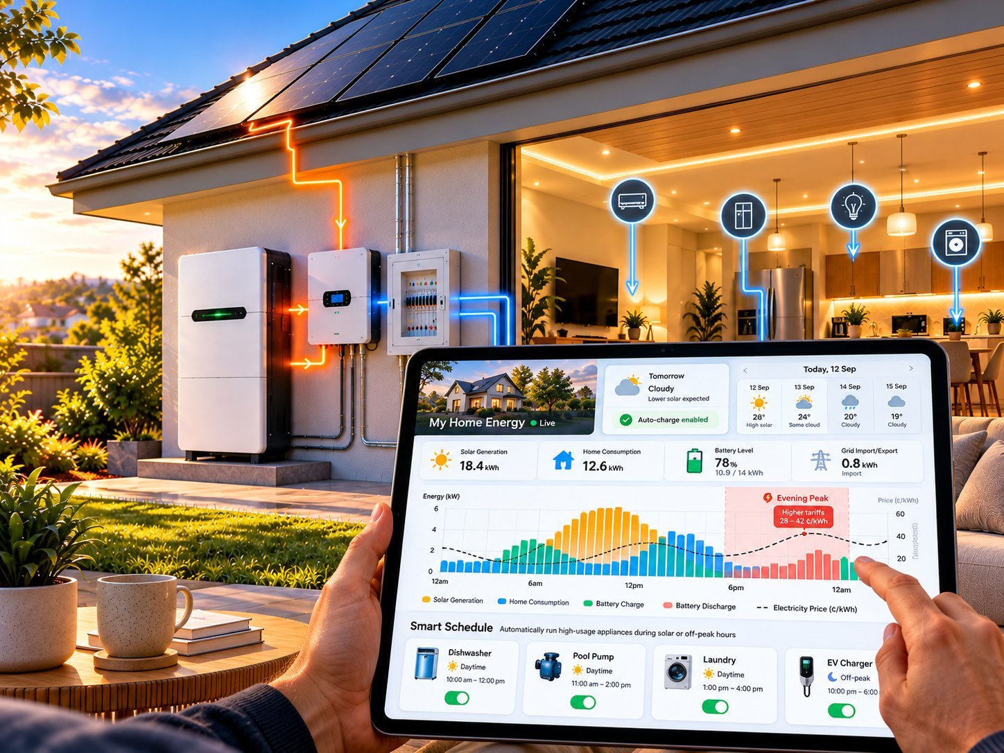 A homeowner using an energy app on a tablet showing solar generation, battery charge and the evening peak tariff window
