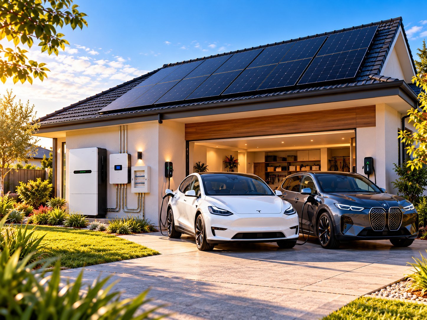 Two electric vehicles charging on the driveway of an Australian home with rooftop solar and a 20kWh battery beside the garage