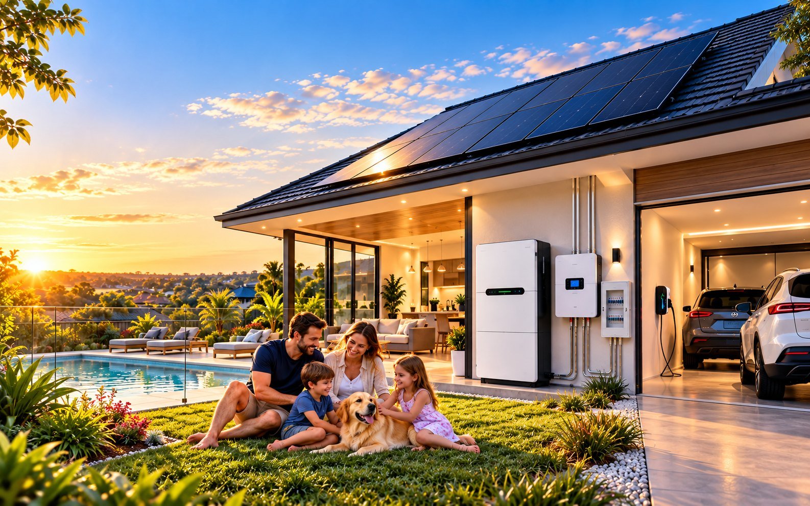 A family with their dog on the lawn beside the pool of a solar-powered Australian home at sunset, with a 20kWh battery, hybrid inverter and EV charger on the wall