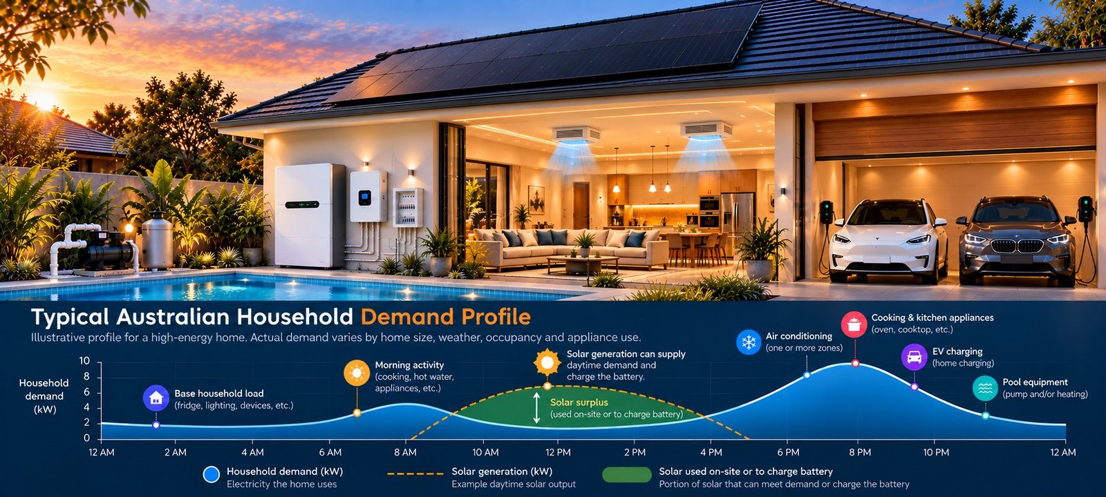 Chart of a typical household demand profile across the day, with a midday solar surplus and an evening peak