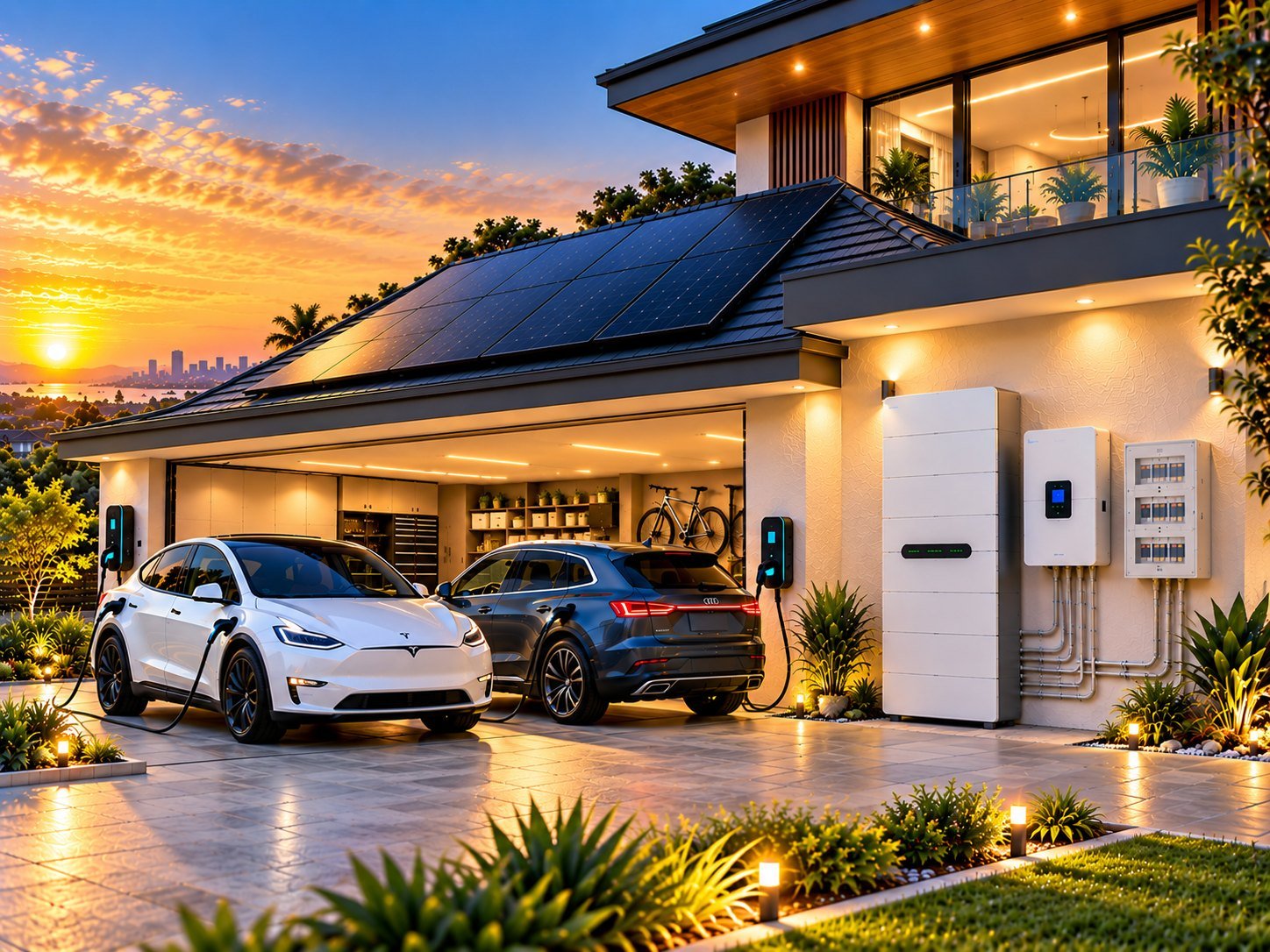 Two electric vehicles charging at once on the driveway of a two-storey Australian home with rooftop solar and a 28kWh battery stack beside the garage