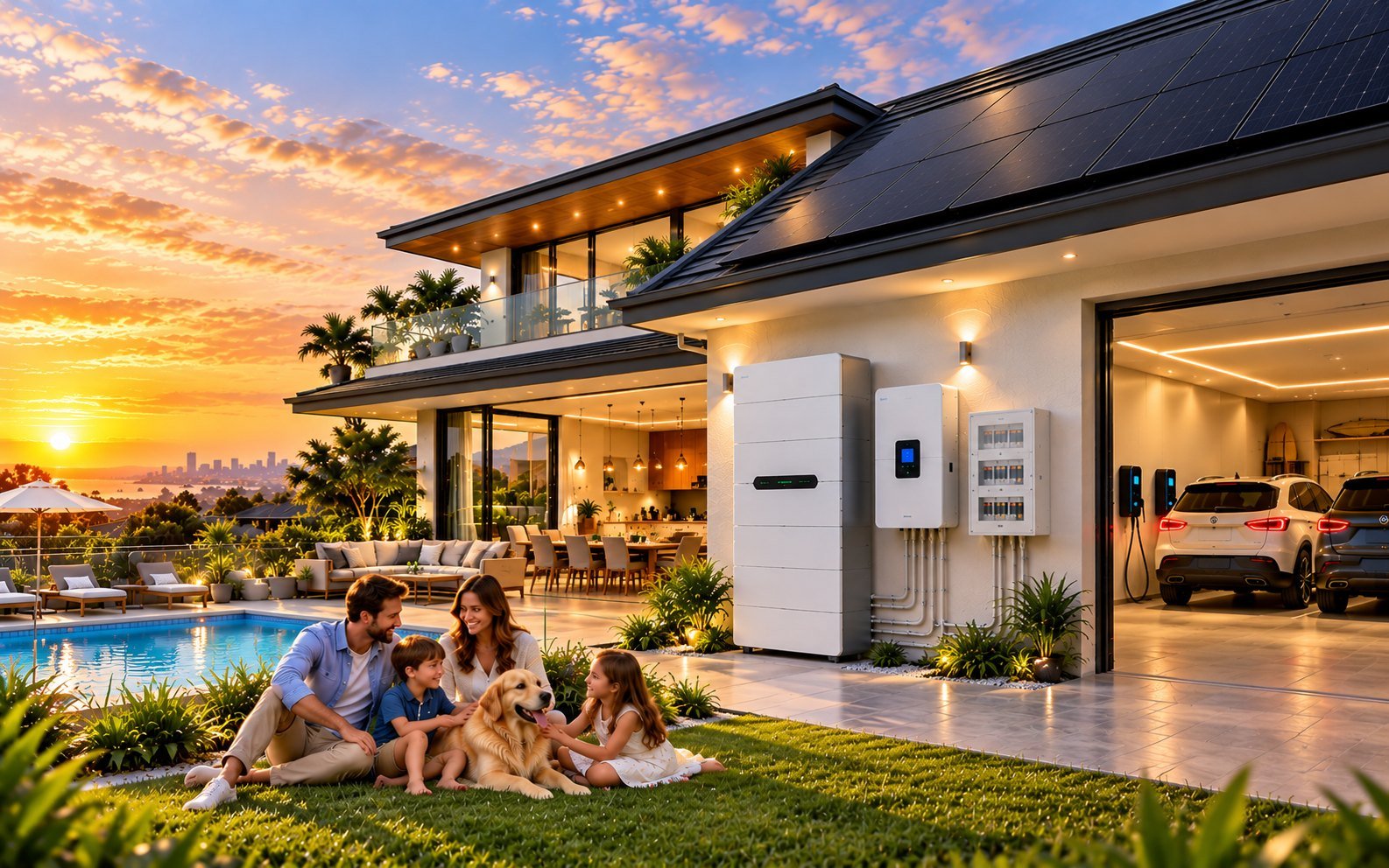 A family on the lawn of a large solar-powered Australian home at sunset, with a 28kWh battery stack on the wall