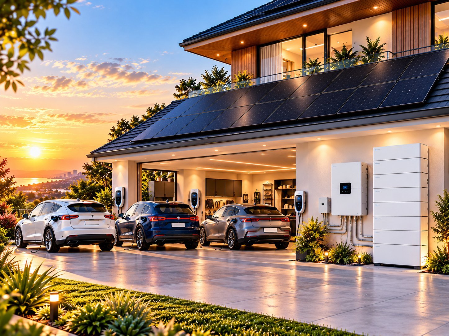 Three electric vehicles charging on the driveway of a large Australian home with rooftop solar and a 42kWh battery bank