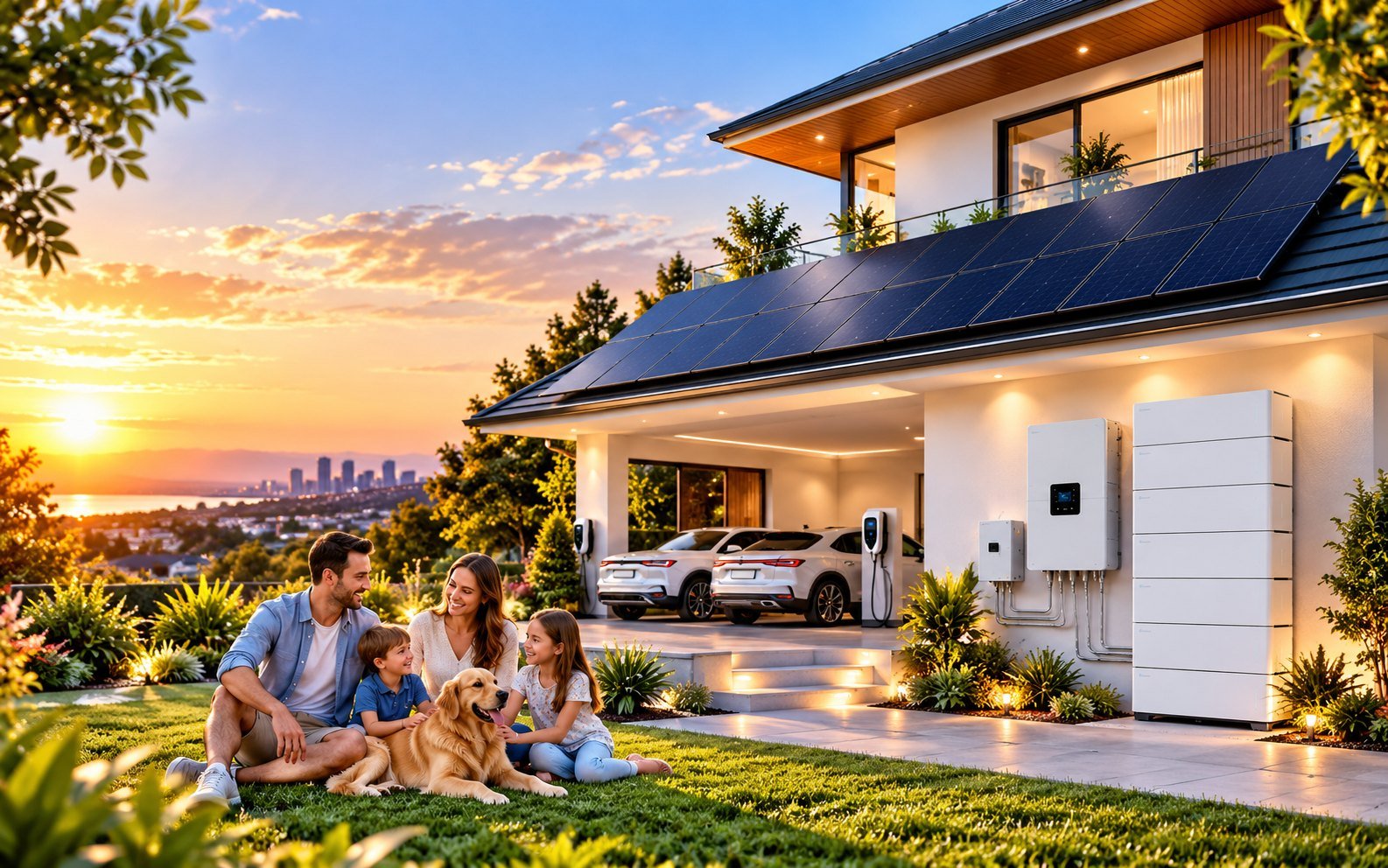 A family with their dog on the lawn of a large solar-powered Australian home at sunset, with a 42kWh battery bank and inverter on the wall