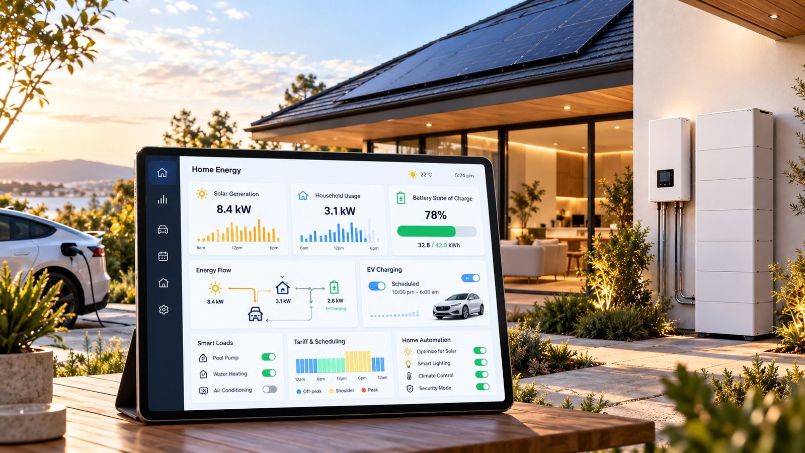 A home energy app on a tablet showing solar generation, household usage, battery charge and EV charging schedule
