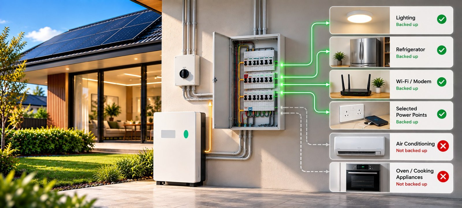 Diagram of a 5kWh battery backing up lighting, the refrigerator, the modem and selected power points, but not air conditioning or cooking appliances