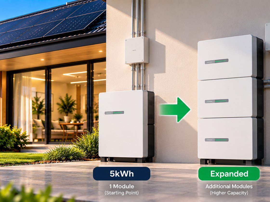 A single 5kWh battery module as the starting point, beside the same system expanded with additional stacked modules for higher capacity