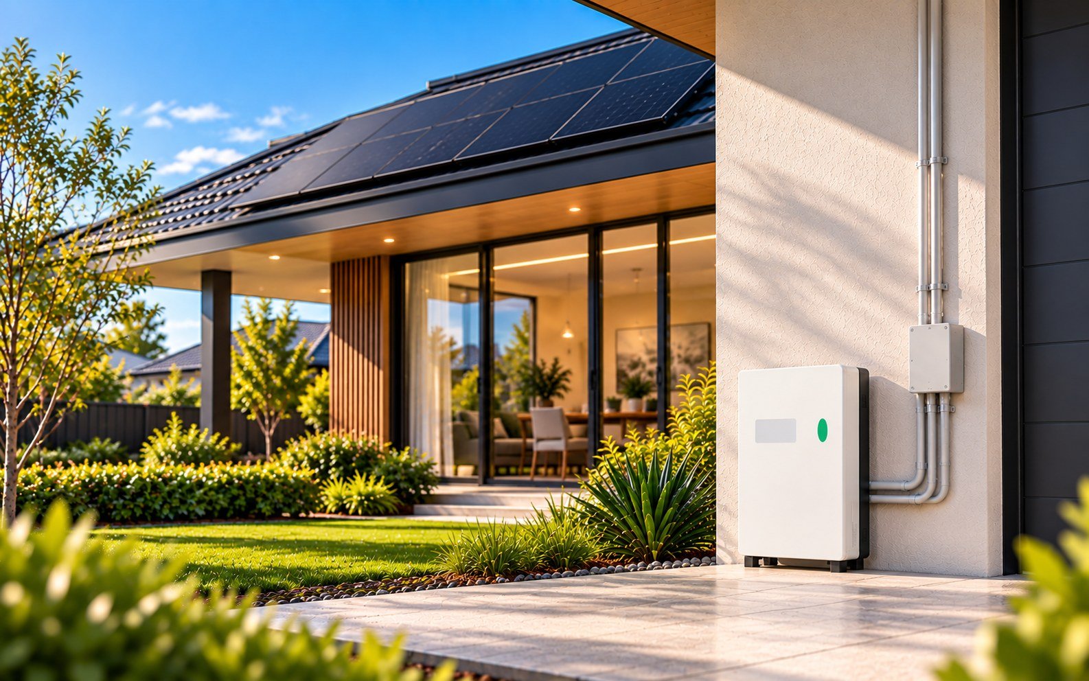 A compact 5kWh home battery mounted on the outside wall of an Australian home with rooftop solar