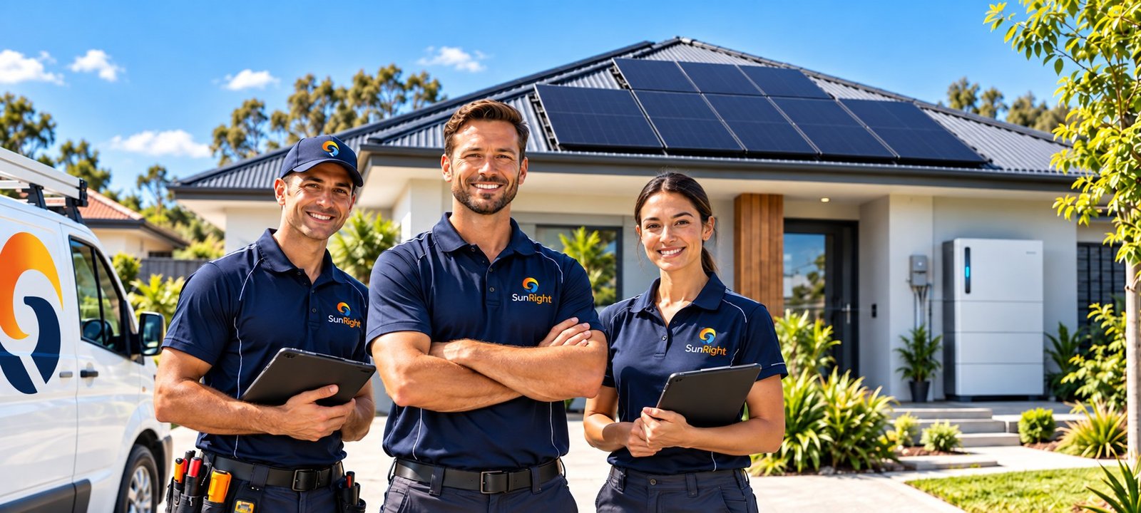 Three SunRight Solar team members standing in front of a home with rooftop solar and a battery
