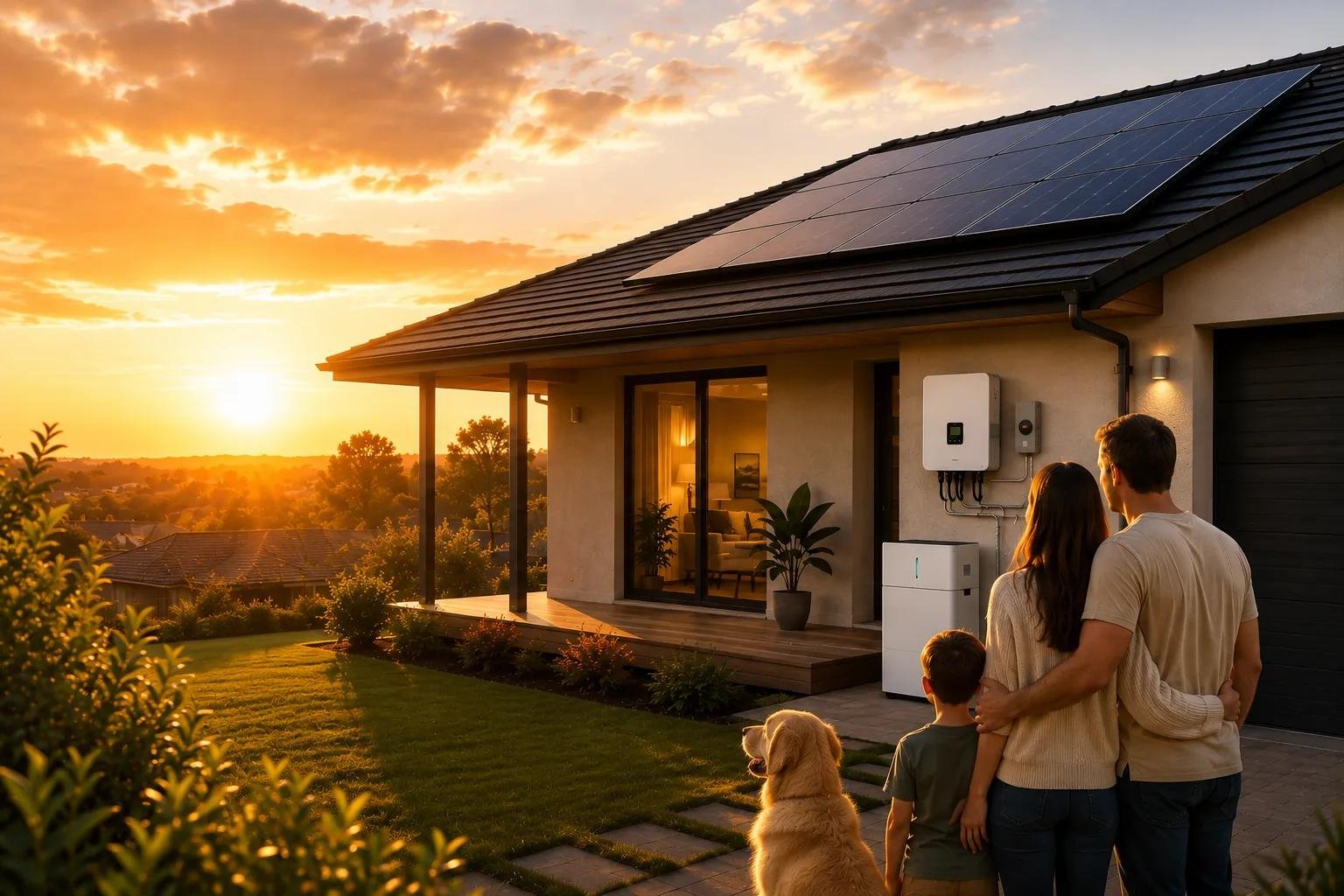 A family and their dog looking at their solar-powered home and battery at sunset