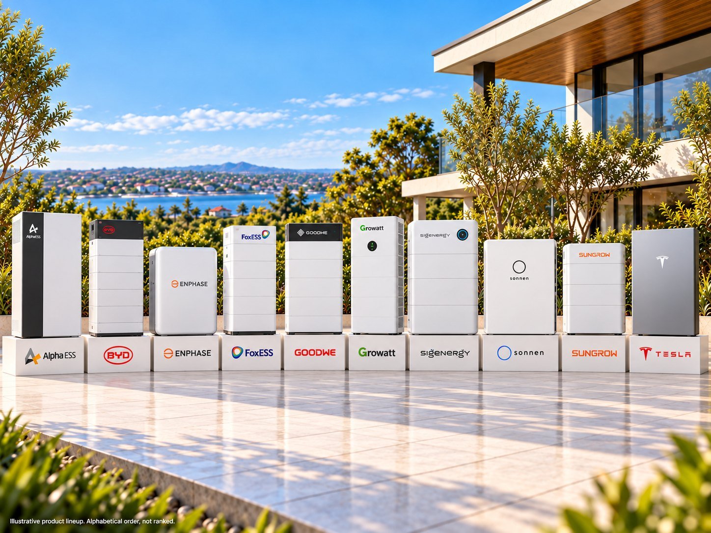 Illustrative line-up of home battery units from ten brands available in Australia, in alphabetical order: Alpha ESS, BYD, Enphase, FoxESS, GoodWe, Growatt, Sigenergy, sonnen, Sungrow and Tesla