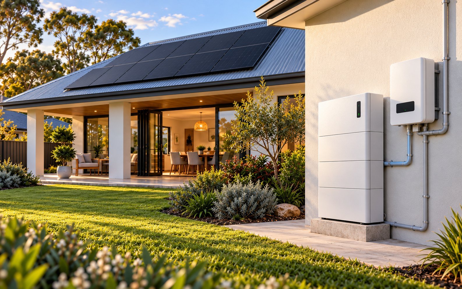 A stacked home battery and inverter on the wall of an Australian home with rooftop solar, beside a garden at golden hour