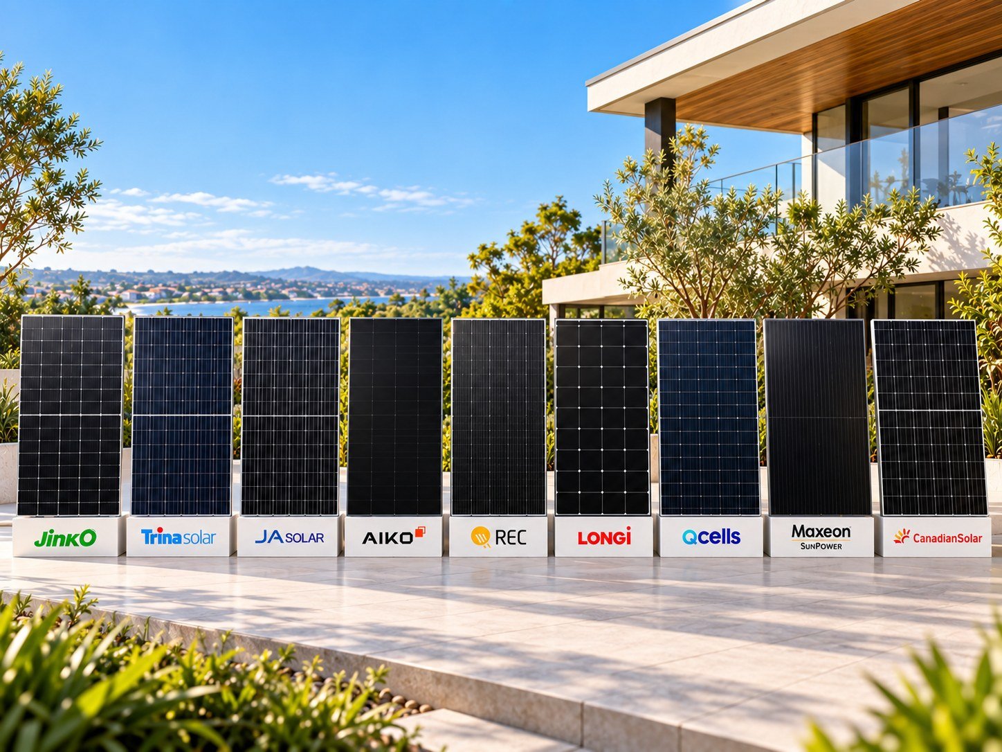 Solar panels from nine brands available in Australia, side by side: Jinko, Trina Solar, JA Solar, Aiko, REC, LONGi, Qcells, Maxeon (SunPower) and Canadian Solar