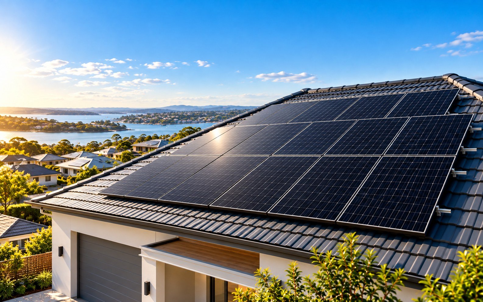 A solar array on the tiled roof of an Australian home overlooking the water