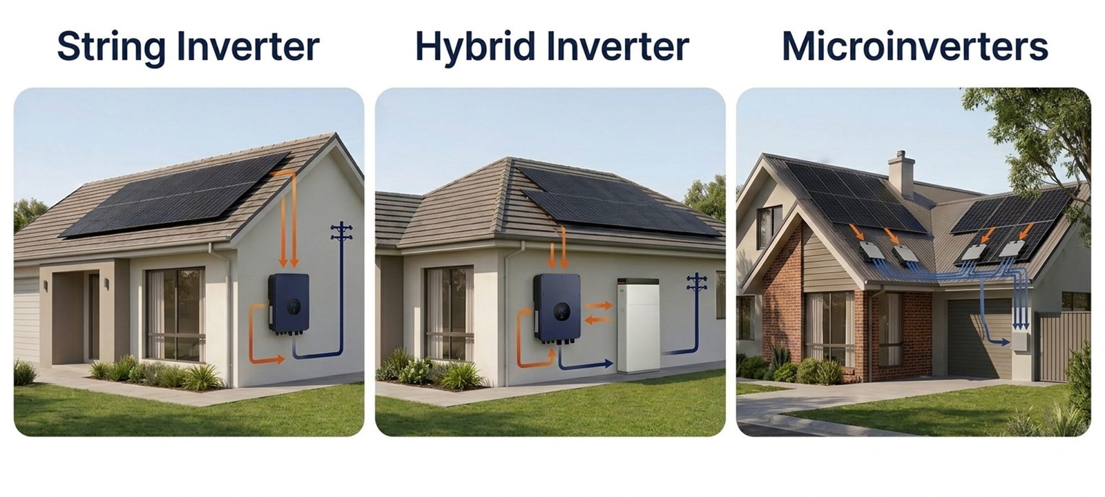 Three homes illustrating a string inverter, a hybrid inverter with a battery, and microinverters on a roof with several angles