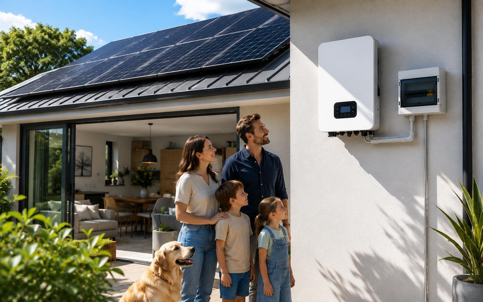 A family and their dog beside a solar inverter mounted on the outside wall of their home