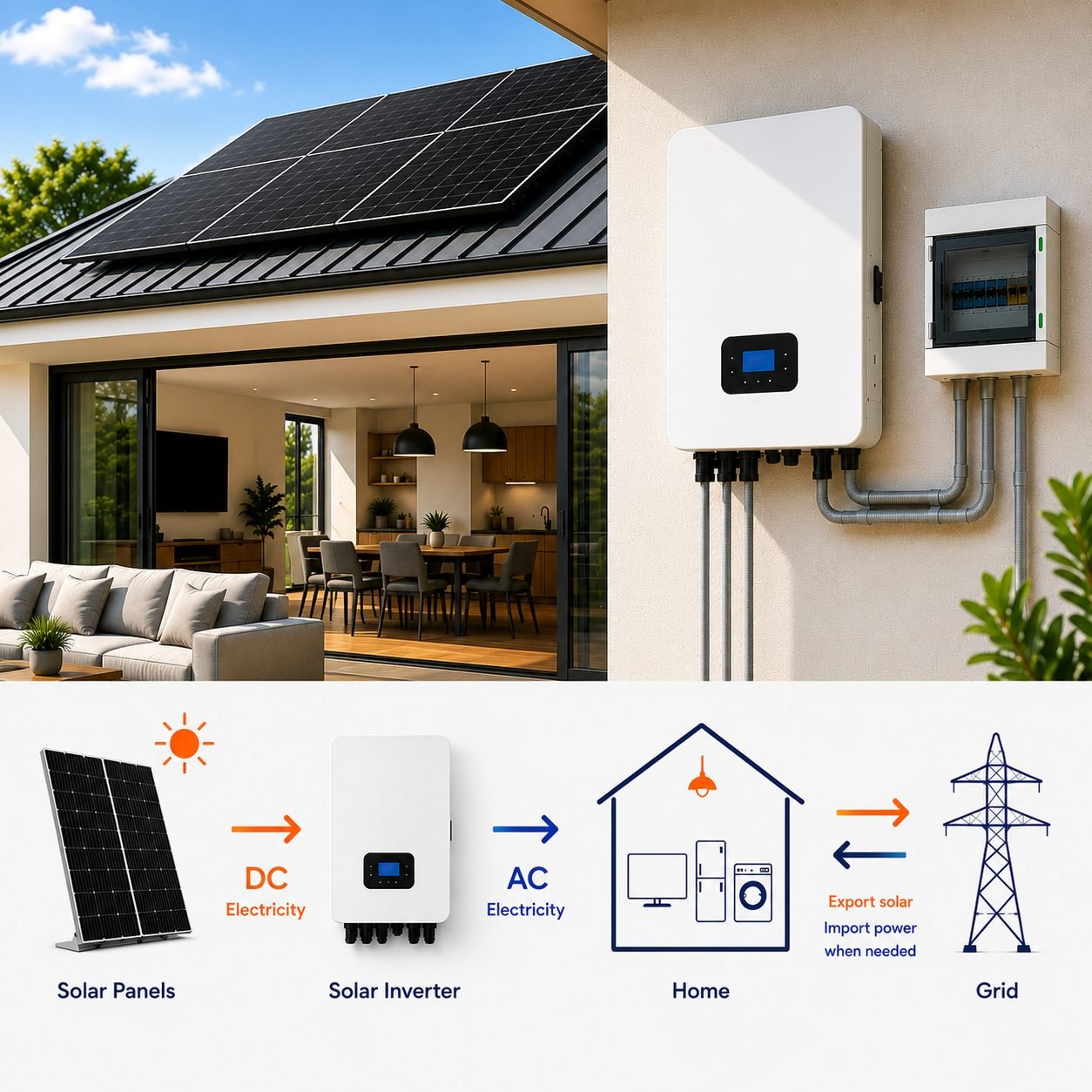 A solar inverter mounted beside the switchboard on an outside wall, above a diagram of DC electricity from the panels being converted to AC for the home and grid