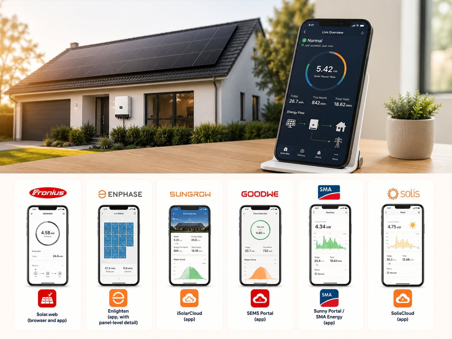 A phone showing live solar monitoring, above the monitoring apps of Fronius, Enphase, Sungrow, GoodWe, SMA and Solis
