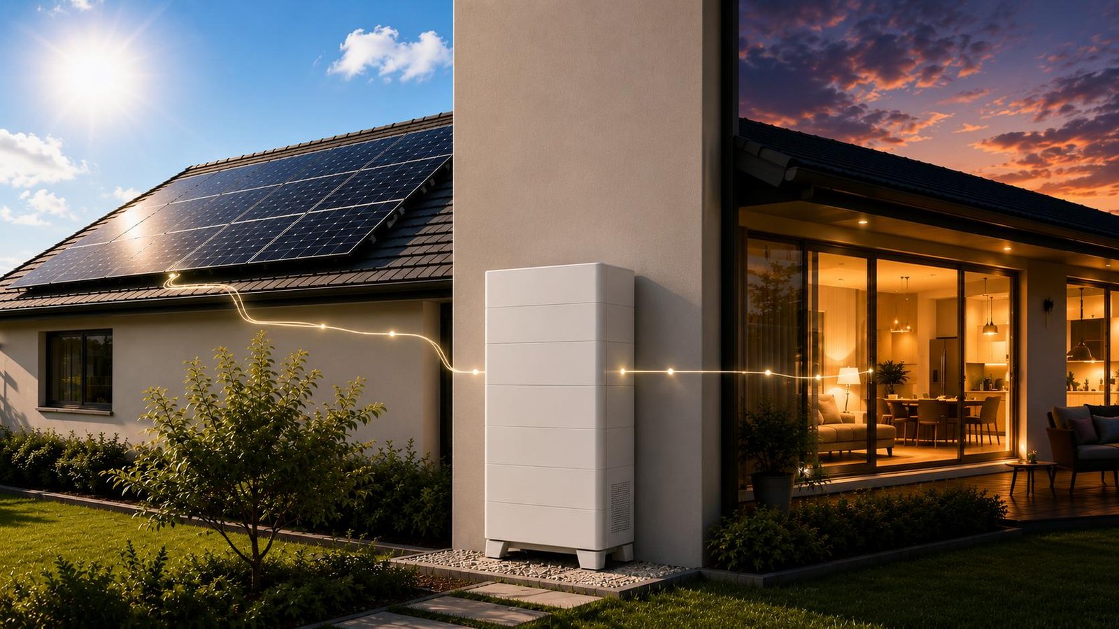 A home shown by day and by night: solar panels charging the battery in daylight, and the battery powering the home in the evening