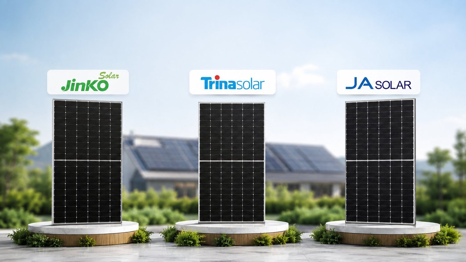 Solar panels from Jinko Solar, Trina Solar and JA Solar displayed side by side