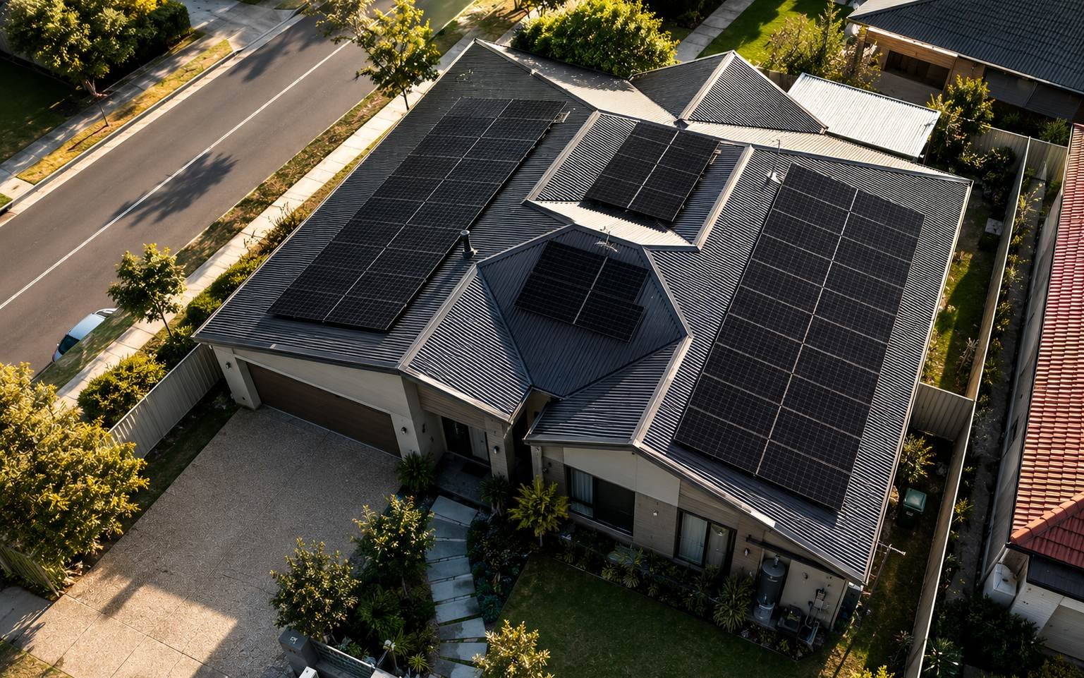 Aerial view of a SunRight Solar panel array installed across the roof of an Australian home