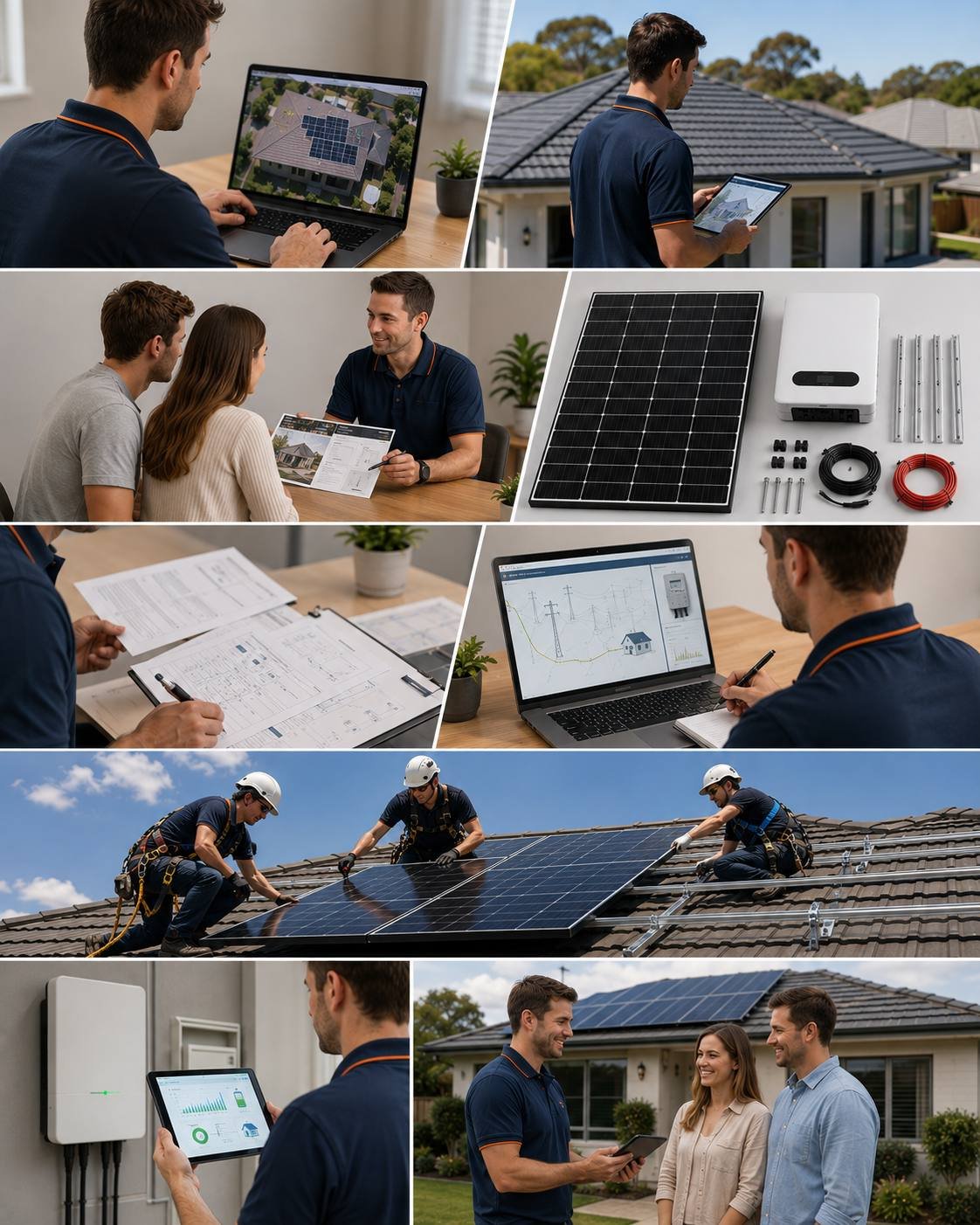 The SunRight Solar process in photos: system design, site assessment, consultation, components, paperwork, rooftop installation, monitoring set-up and handover