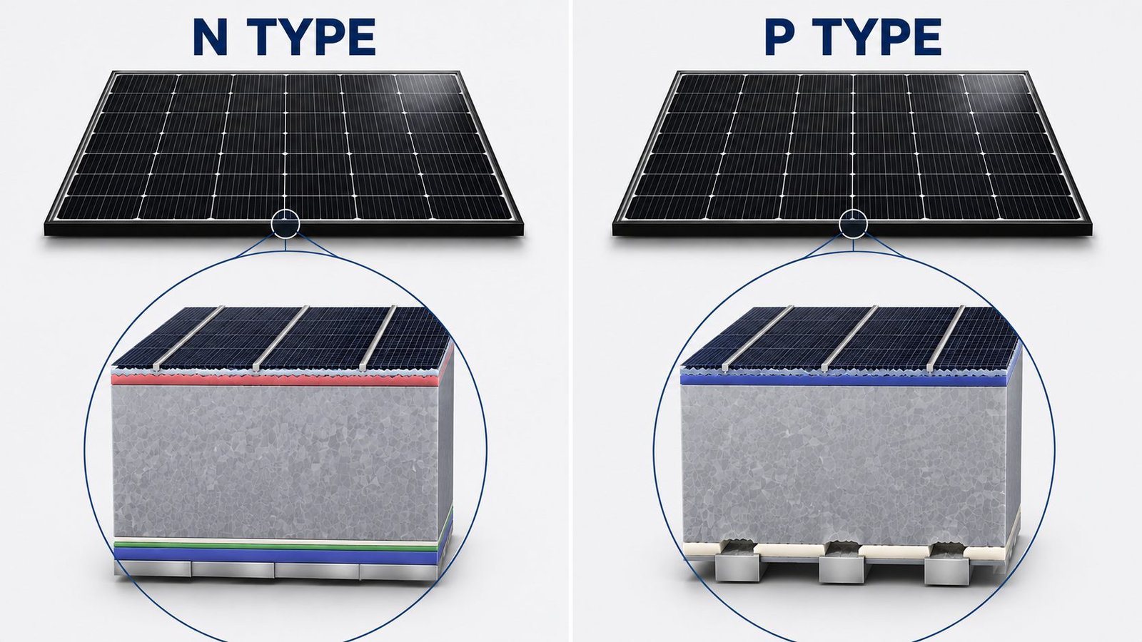Side-by-side comparison of N-type and P-type solar cell construction