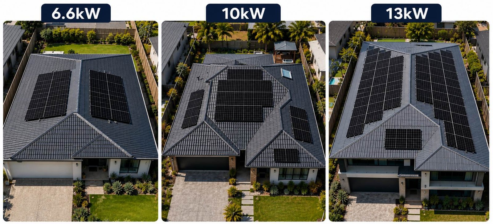 Comparison of 6.6kW, 10kW and 13kW solar arrays showing the relative roof coverage of each
