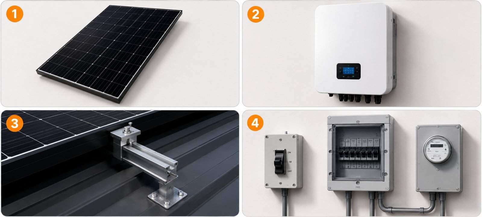 The four parts of a solar system: a solar panel, an inverter, roof mounting hardware, and the switchboard and meter