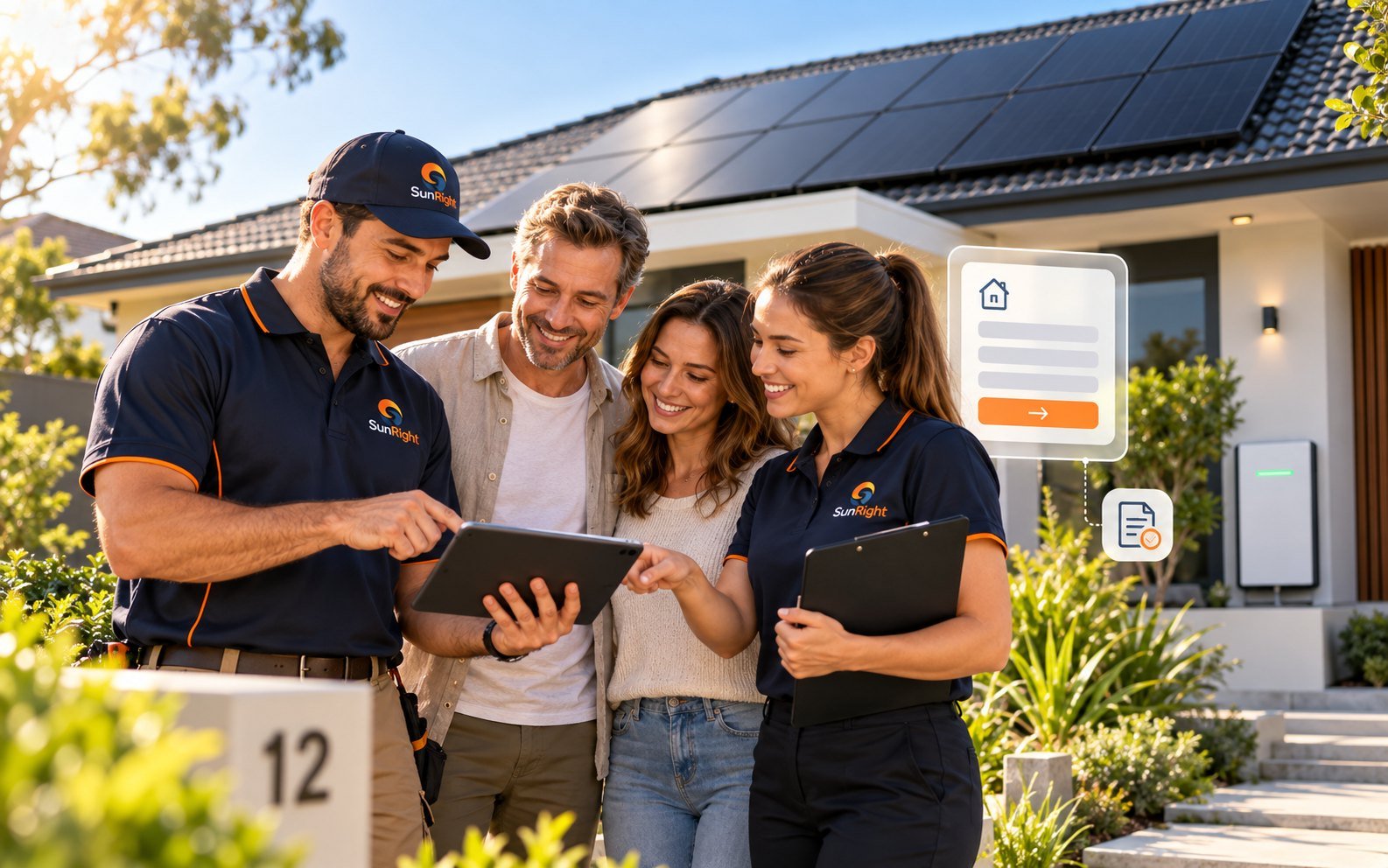 Two SunRight Solar team members going through a quote on a tablet with a couple outside their solar-powered home