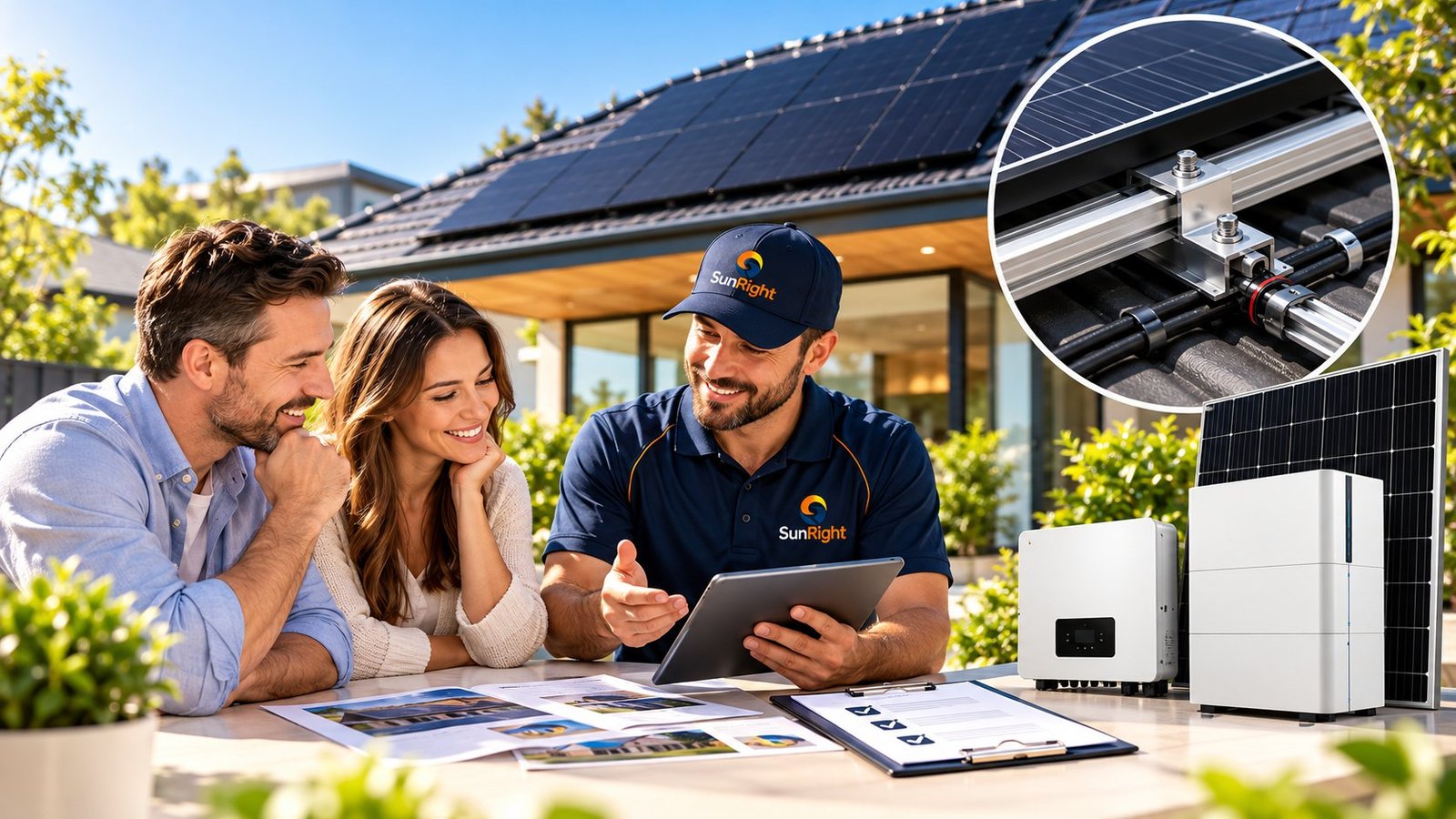 A SunRight Solar consultant reviewing system plans with a couple, with a close-up of panel mounting rails and cabling