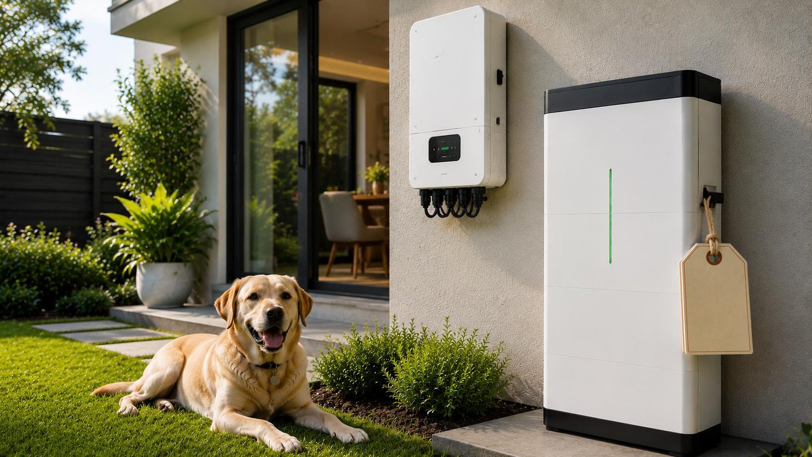 A wall-mounted home battery with a price tag attached, representing the Cheaper Home Batteries Program discount