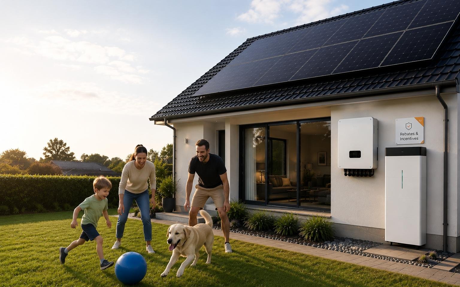 A family playing with their dog on the lawn of a home with rooftop solar, an inverter and a home battery